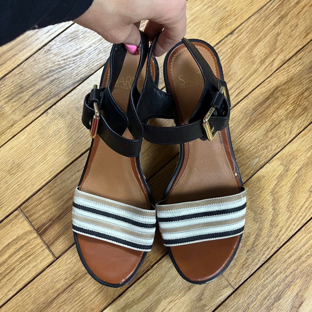 Franco Sarto Wedge Sandals Black Leather Espadrille Striped Platform Women's 8.5